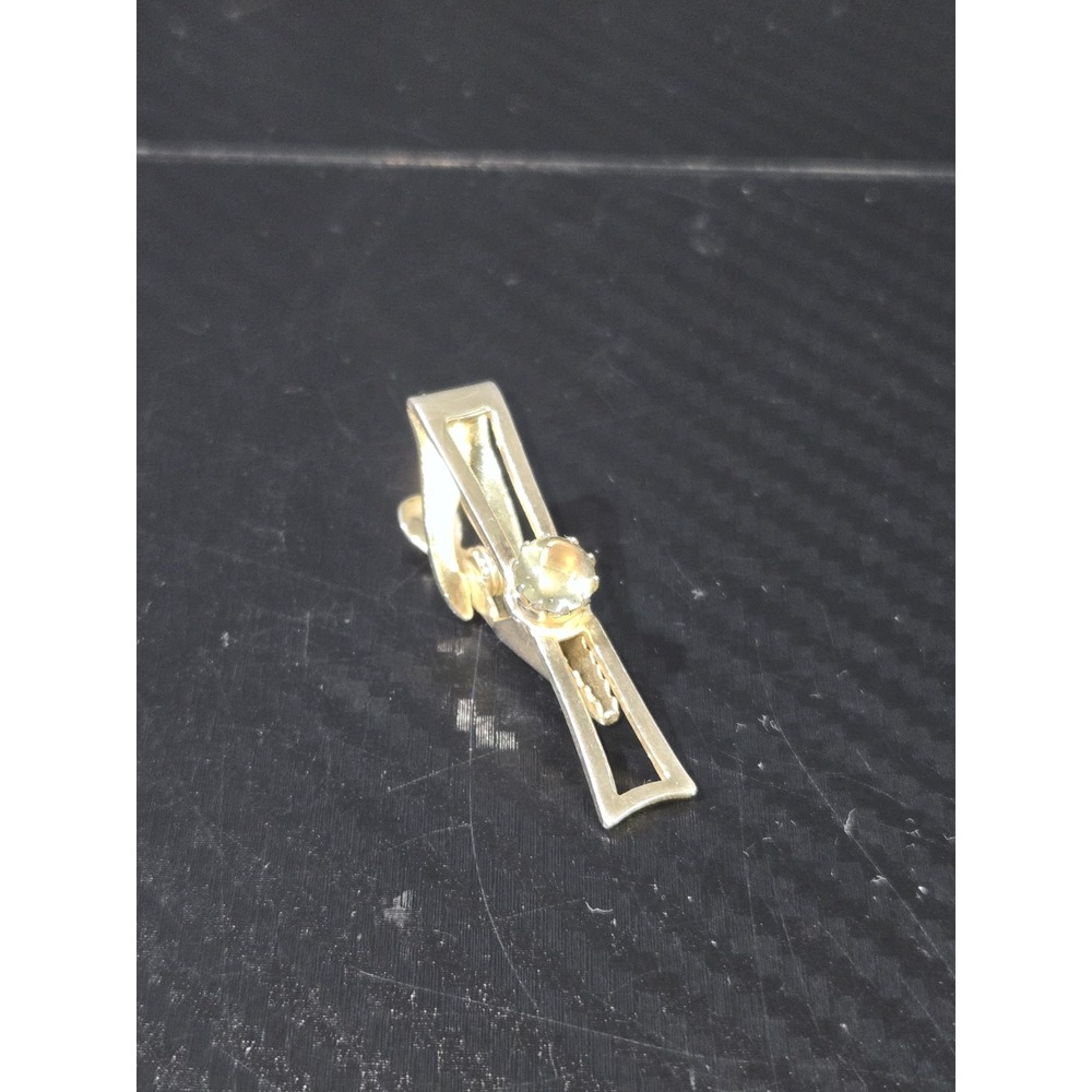 Gold Tone W/ Clear Glass Stone Tie Clip